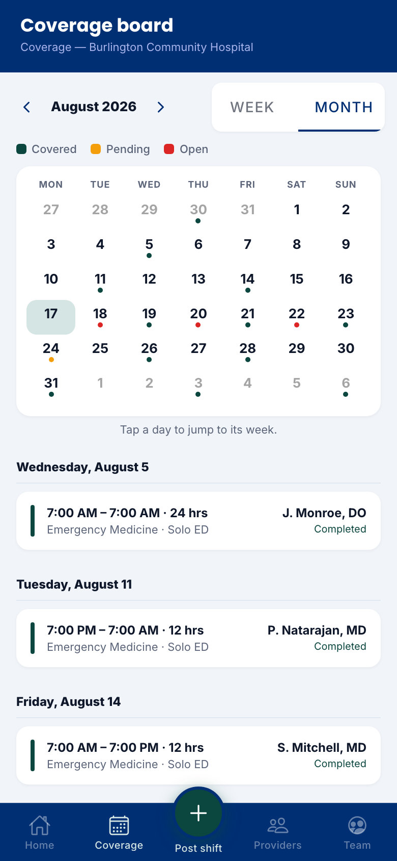 Month view of the coverage board