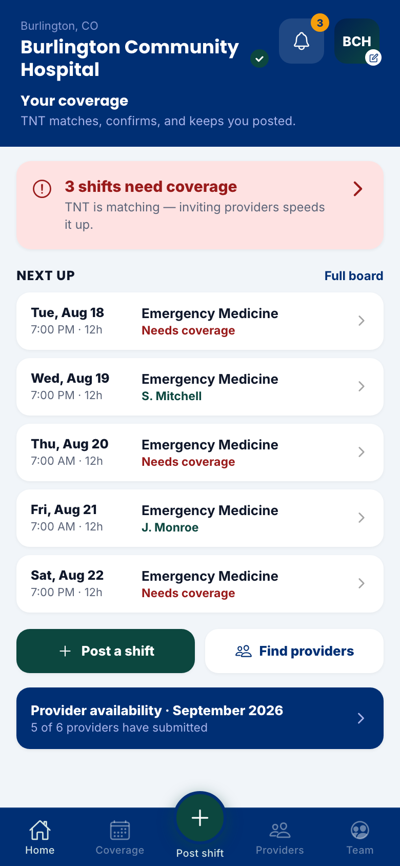 The admin app home — coverage status and next shifts for your hospital