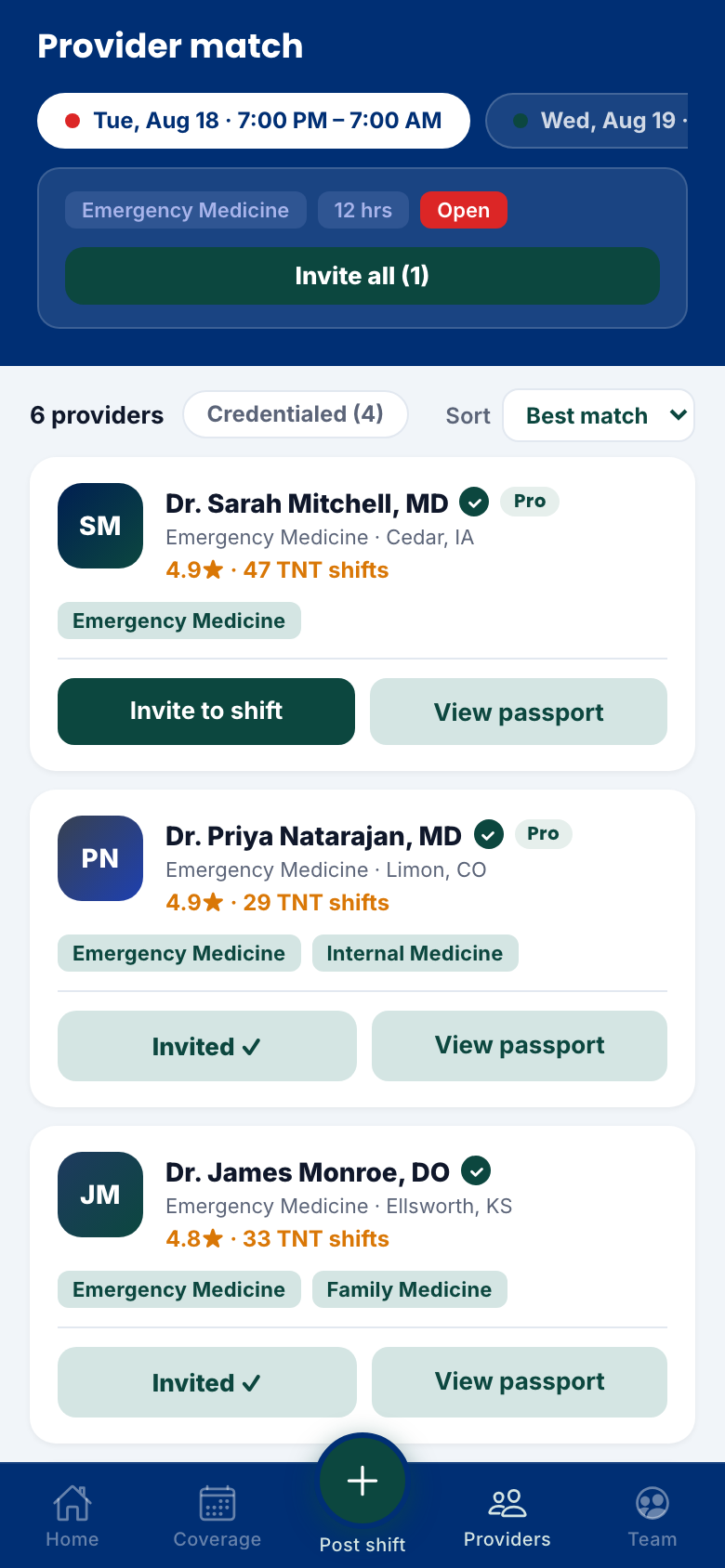 Provider match list with invite buttons