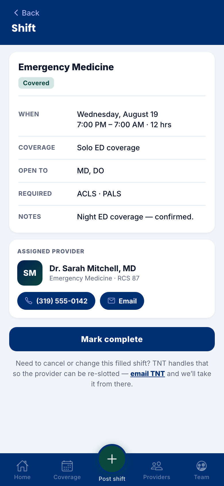 A covered shift with the provider's contact details