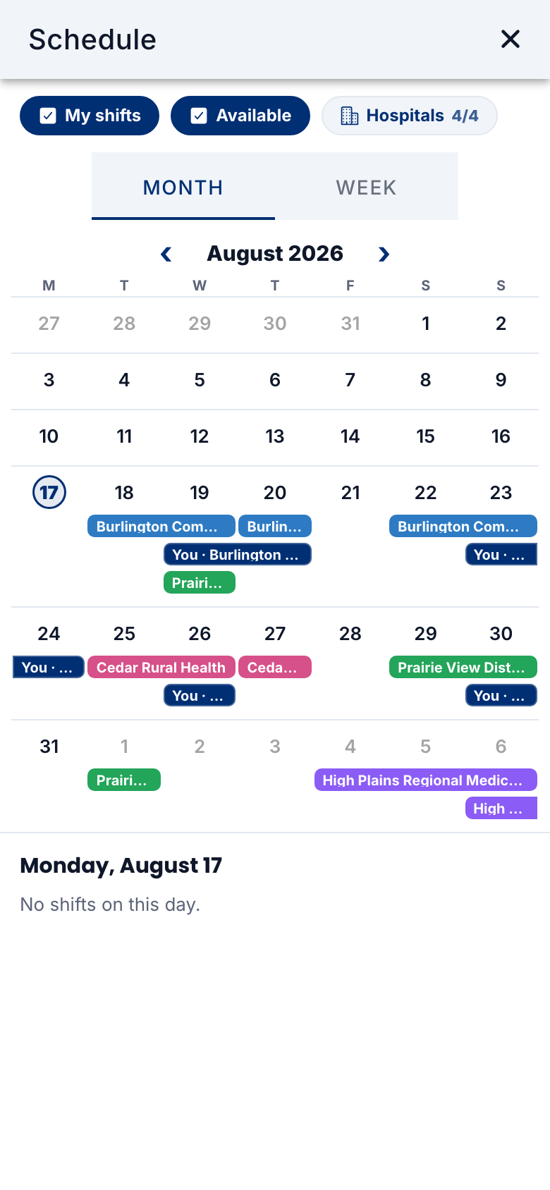 The full-screen schedule explorer with hospital-labeled shifts
