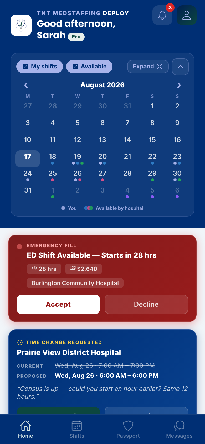 The app home screen — a month calendar of shifts and open dates