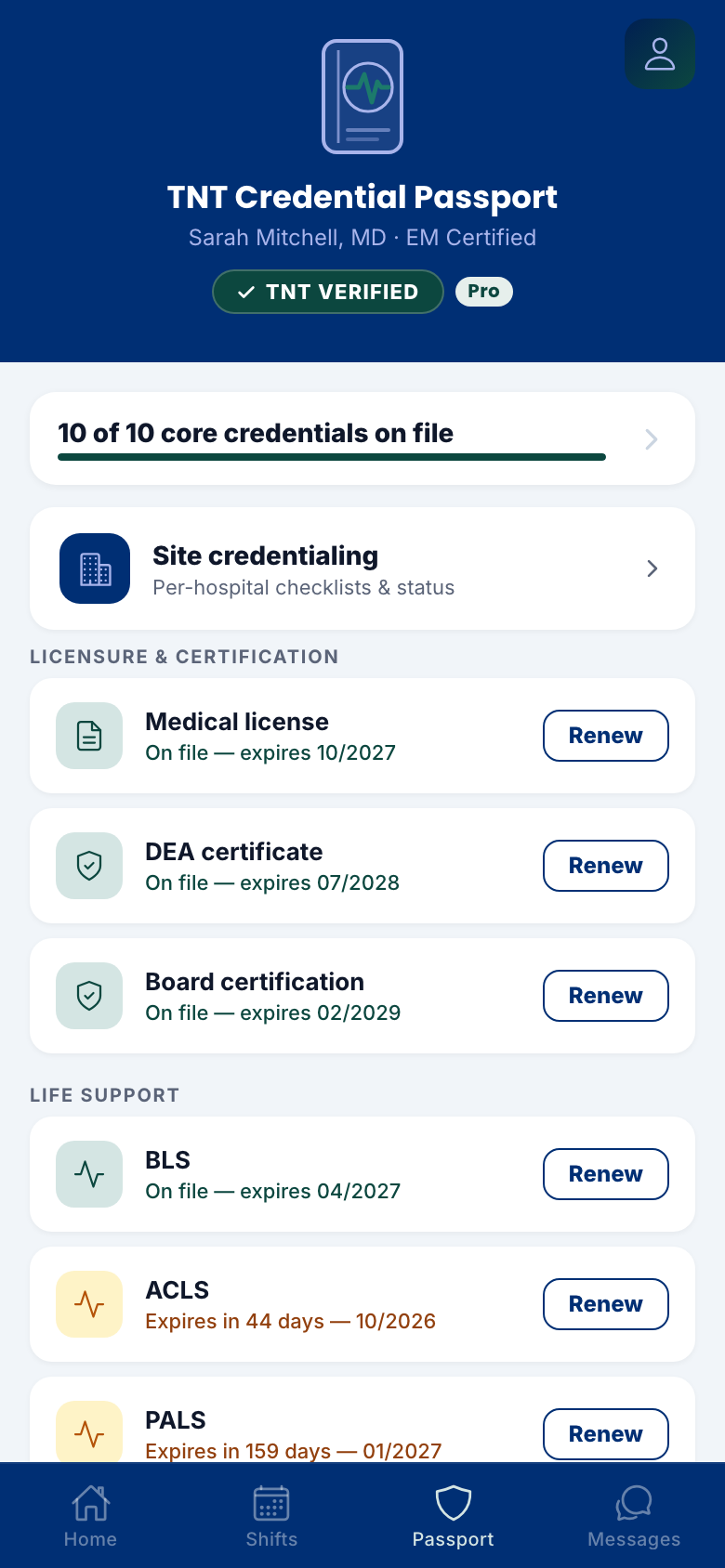 TNT Credential Passport screen