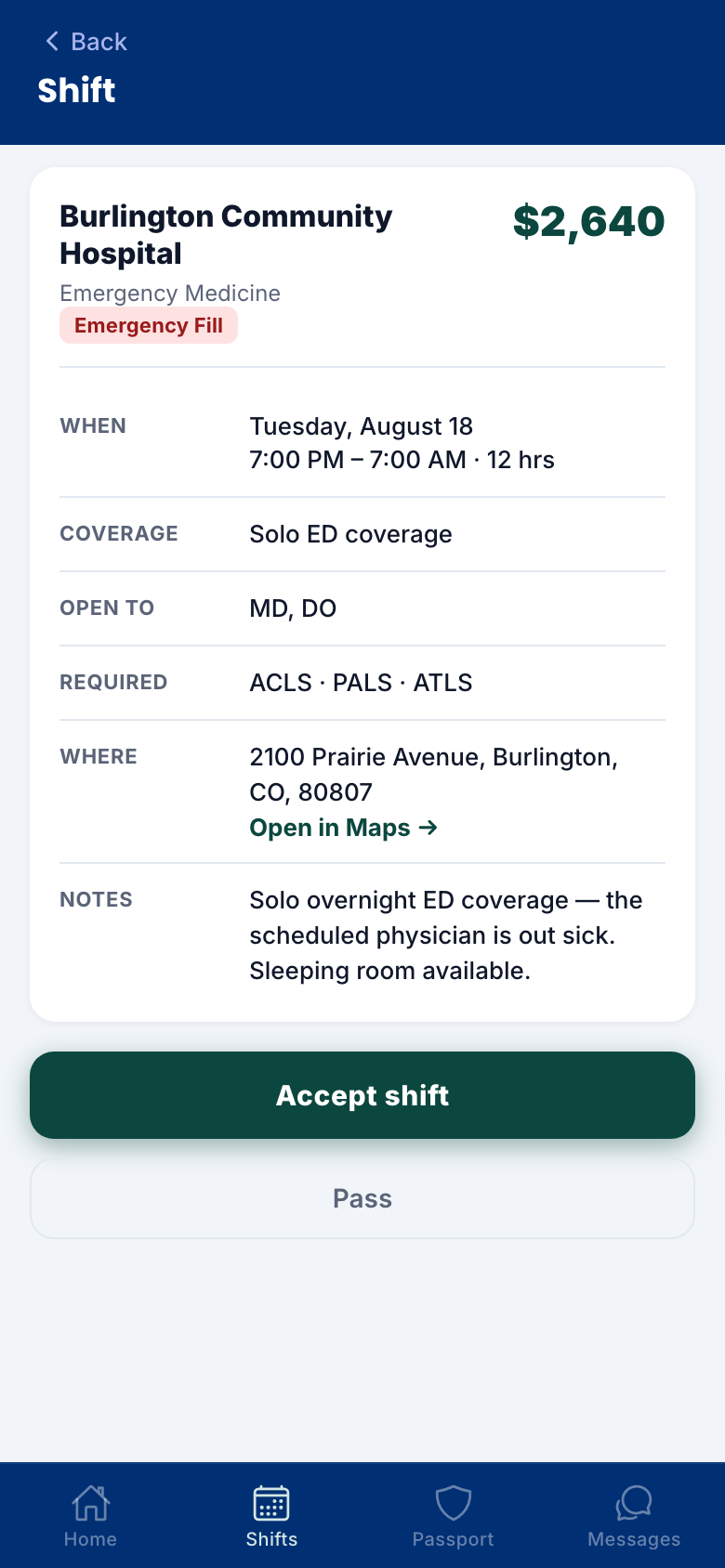 Shift detail with accept button