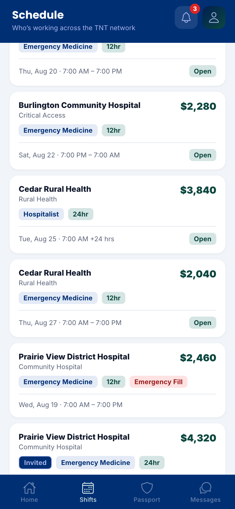 Available shifts list with pay and urgency on every card